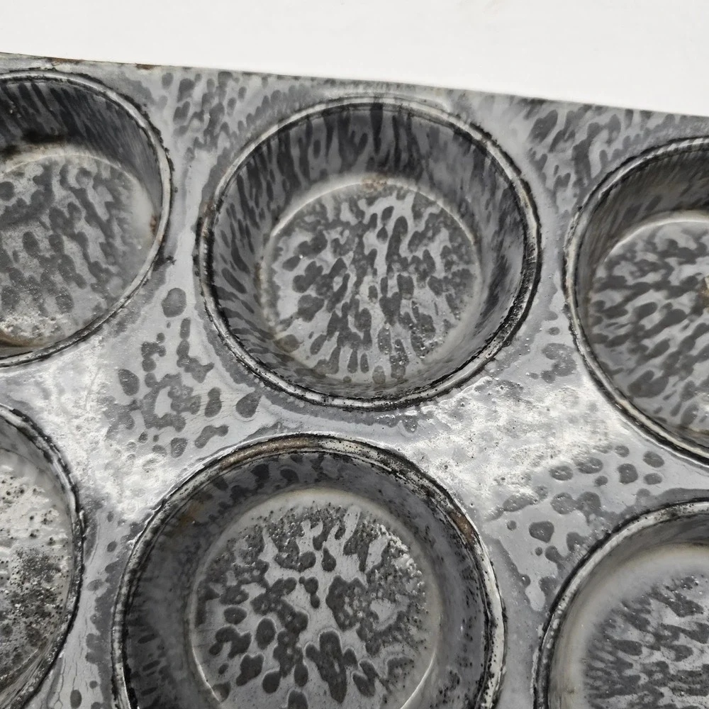 Vintage Gray Granite 9 Muffin Pan Muffins Enamel Ware Kitchen Baking Graniteware